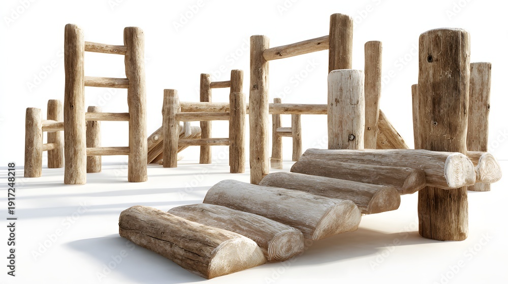 Obraz premium Wooden Logs and Ladders Arranged on a White Background.