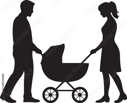 Silhouette couple pushing baby stroller woman