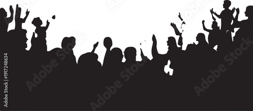Silhouette crowd with raised hands and people black and white