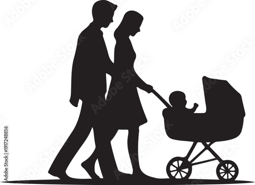 Silhouette of a couple walking with a baby in a stroller 1