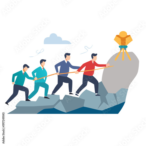 Business team tug of war. Diverse people pulling rope against heavy rock obstacle. Overcoming challenges together. Solving problems. Breaking barriers. Cooperation effort success See Less
