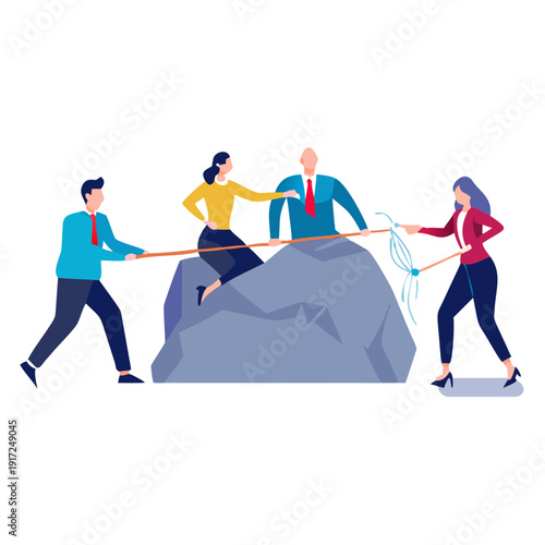Business team tug of war. Diverse people pulling rope against heavy rock obstacle. Overcoming challenges together. Solving problems. Breaking barriers. Cooperation effort success See Less