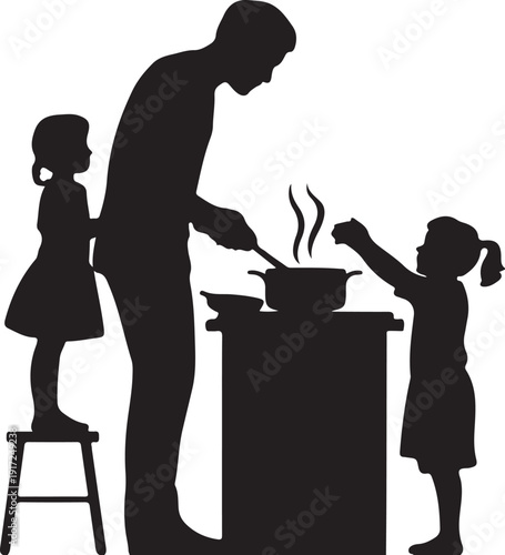 Silhouette of and two children cooking together at kitchen counter