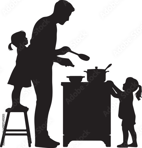 Silhouette of and two children cooking together in kitchen 2