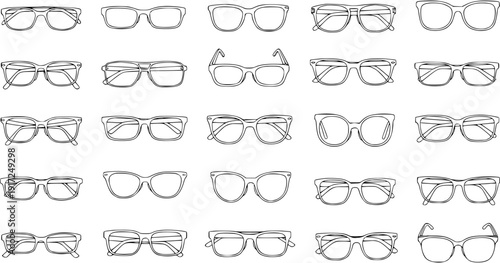 Hand-Drawn Eyeglasses  Sunglasses Doodle Set. Outline Sketch Collection of Various Fashion Spectacles Frames, Eyewear Designs in Black and White Line Art.