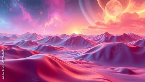 Vibrant Alien Landscape with Cosmic Sky, Nebulae, and Ringed Planets at Sunset