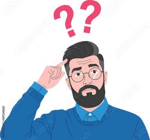 Confused man thinking with question marks, thoughtful bearded male character vector illustration isolated on white background