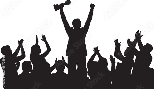 Silhouette of cheering crowd with raised arms and trophy