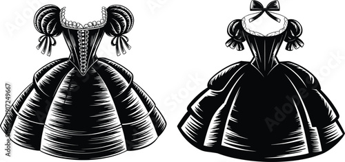 Vintage ball gown dress illustration, elegant retro fashion silhouettes isolated showing classic formal clothing style for apparel design creative projects