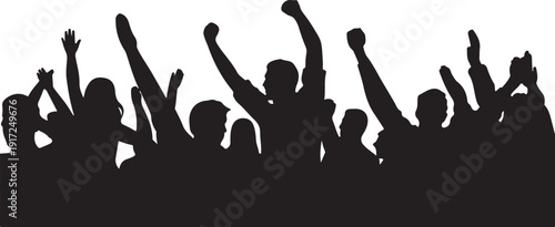 Silhouette of cheering crowd with raised arms black and white