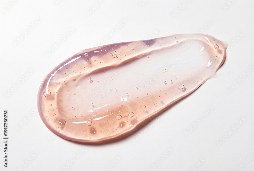 Fototapeta premium Translucent pink cosmetic gel smear with a glossy finish and small bubbles on a white surface