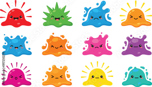Cute colorful slime characters set, funny liquid splash emoticons cartoon vector illustration isolated on white background
