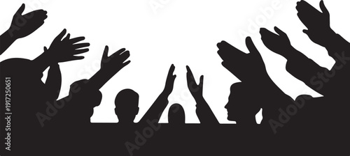 Silhouette of crowd with raised hands on white background