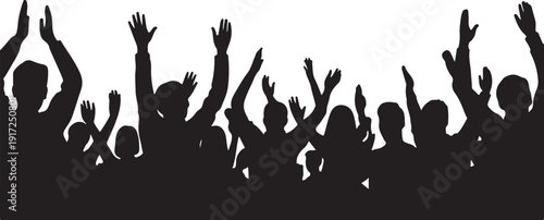 Silhouette of crowd with raised hands on white background