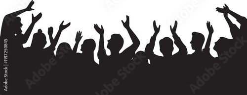 Silhouette of crowd with raised hands on white background