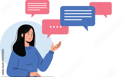 Young woman communicating with speech bubbles, online chat conversation concept, social media messaging flat vector illustration isolated background