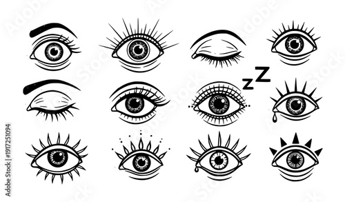 Hand Drawn Doodle Eyes with Grunge Texture Vector Set