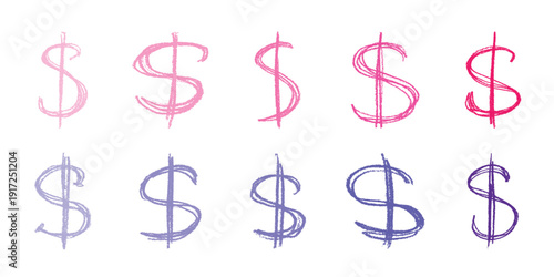 Set of hand drawn dollar currency symbol. Brush stroke doodle. Single element for design
