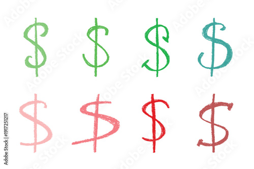 Set of hand drawn dollar currency symbol. Brush stroke doodle. Single element for design