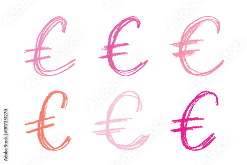 Set of hand drawn euro currency symbol. Brush stroke doodle. Single element for design