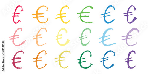 Set of hand drawn euro currency symbol. Brush stroke doodle. Single element for design
