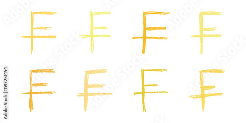 Set of hand drawn swiss franc currency symbol. Brush stroke doodle. Single element for design