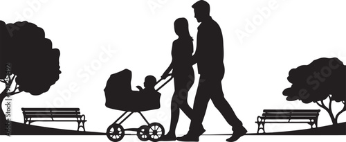 Silhouette of family walking with stroller in park