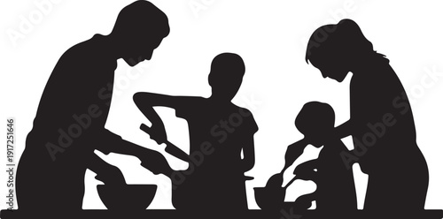 Silhouette of family with children playing at table