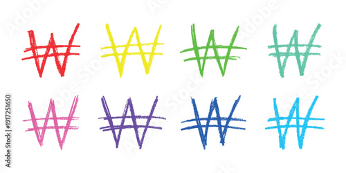 Set of hand drawn won currency symbol. Brush stroke doodle. Single element for design