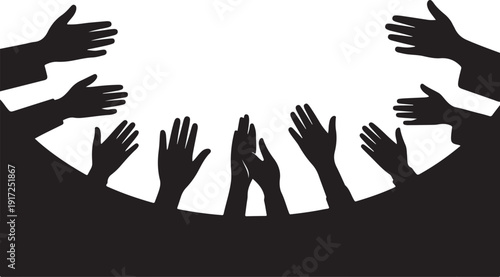 Silhouette of multiple hands raised against a white background