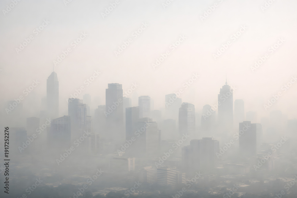 Fototapeta premium Urban Cityscape Shrouded in Thick Smog and Air Pollution with Skyscrapers