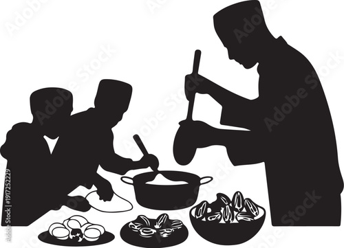Silhouette of people cooking together with ingredients