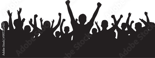 Silhouette of people raising hands in celebration crowd