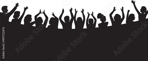 Silhouette of people raising hands in celebration crowd