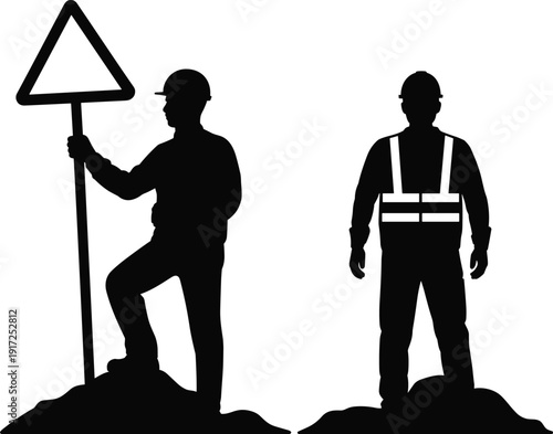 Black silhouette set of professional road construction workers with safety vest and traffic warning sign isolated on white background for industrial urban site design