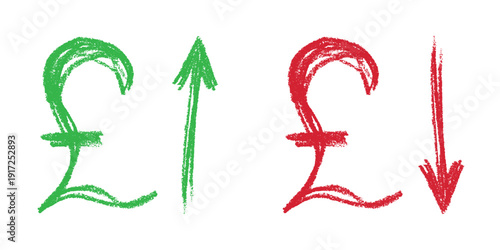 Hand drawn british pound currency symbol Growth and fall profit with arrow up and down Brush stroke doodle Element for design