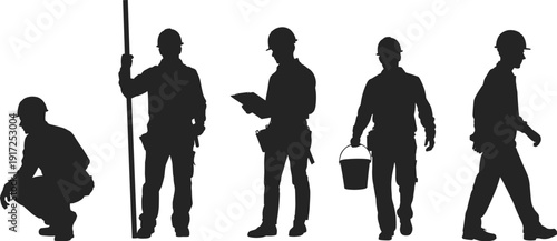 Black silhouette set of professional construction workers with hard hats tools and bucket performing site inspections and manual labor isolated on white background for industrial design