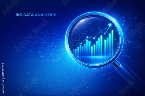 Big data analytics concept with magnifying glass and growing graph on blue background  business intelligence and data analysis JPG image