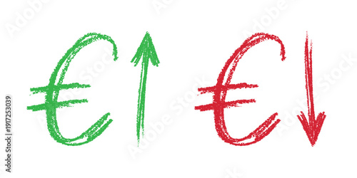 Hand drawn euro currency symbol Growth and fall profit with arrow up and down Brush stroke doodle Element for design