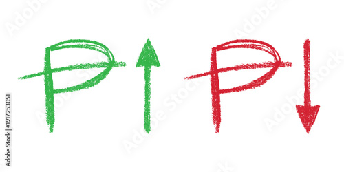 Hand drawn peseta currency symbol Growth and fall profit with arrow up and down Brush stroke doodle Element for design