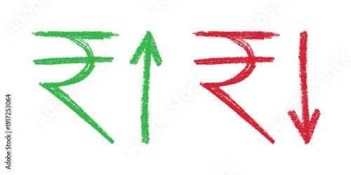 Hand drawn rupee currency symbol Growth and fall profit with arrow up and down Brush stroke doodle Element for design