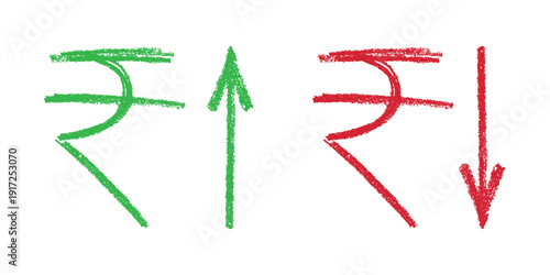 Hand drawn rupee currency symbol Growth and fall profit with arrow up and down Brush stroke doodle Element for design