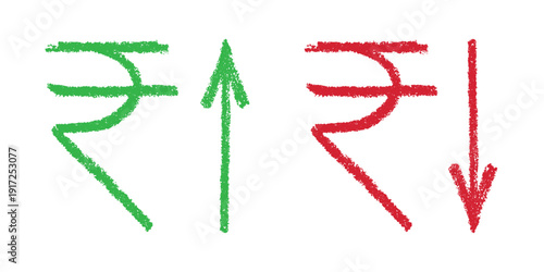 Hand drawn rupee currency symbol Growth and fall profit with arrow up and down Brush stroke doodle Element for design