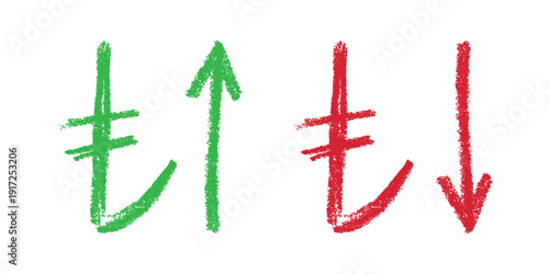 Hand drawn turkish lira currency symbol Growth and fall profit with arrow up and down Brush stroke doodle Element for design