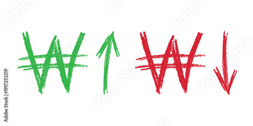 Hand drawn won currency symbol Growth and fall profit with arrow up and down Brush stroke doodle Element for design