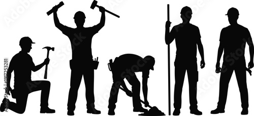 Black silhouette set of professional construction workers with hammers shovels and hand tools performing manual labor isolated on white background for industrial building design