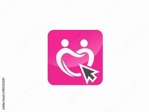Online dating app icon or social community logo with two people forming a heart shape and a mouse click cursor on pink background.