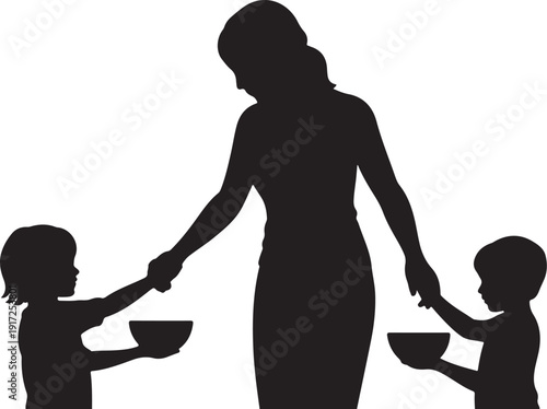 Silhouette of woman serving food to two children 1