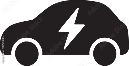 Modern electric car silhouette with lightning bolt symbol, clean minimal vector design, eco-friendly transportation concept, smooth aerodynamic curves, black silhouette on white background