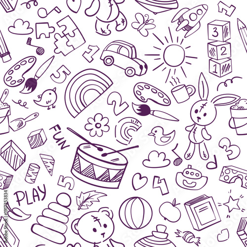 A playful hand drawn pattern featuring various children s toys and cheerful elements